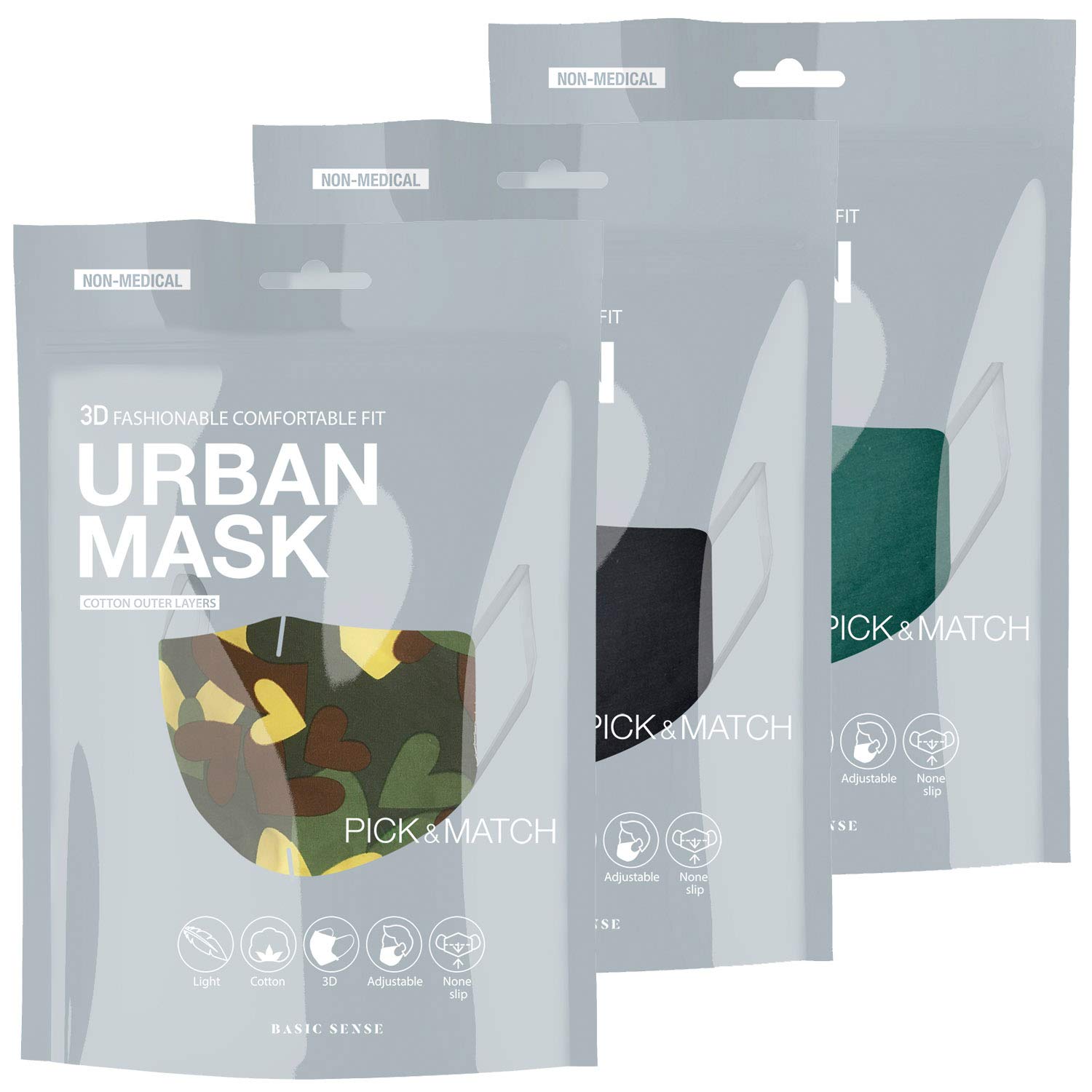 Basic Sense 3 Packs – 100% Cotton Washable Reusable Skin Friendly Plain Face Coverings Masks (Camo 3 Pack)