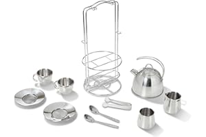 Melissa & Doug Stainless Steel Pretend Play Tea Set and Storage Rack for Kids (11 pcs)
