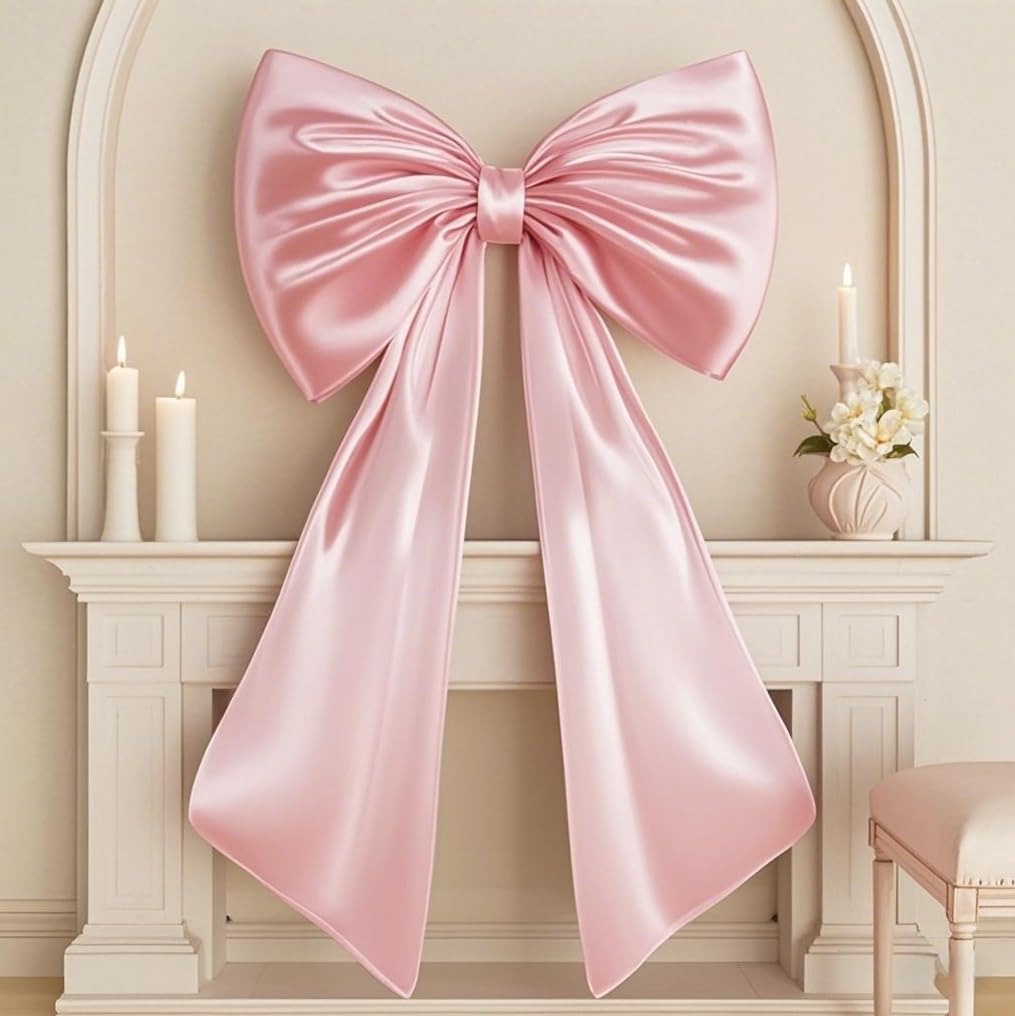 Photo 1 of Large Pink Bow for Coquette Room Decor, 40x24 In Satin Ribbon Tie Coquette Birthday Decorations, Giant Pastel Pink Hanging Wall Decor for Ballerina Girl Just Want to Be One (Internal Stability Layer)