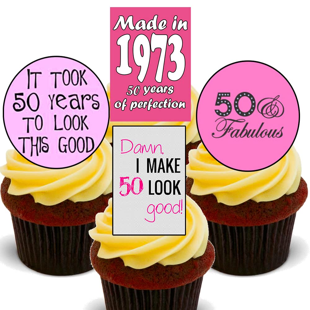 50th Birthday Female Funny, Edible Cupcake Toppers - 1973 Stand-up Wafer Cake Decorations (Pack of 12)