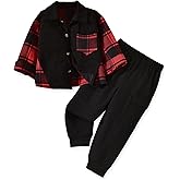 HINTINA Toddler Boy Long Sleeve Plaid Shirts Button Down Sweatshirt Tops and Cargo Pant 2 Pieces Outfits