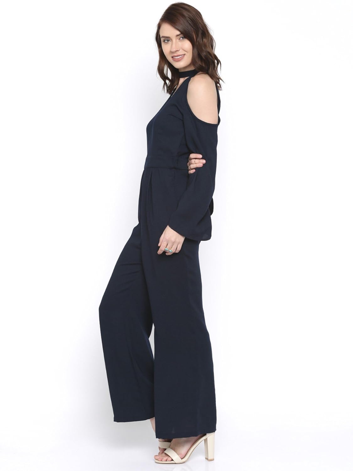 rare navy blue cold-shoulder jumpsuit