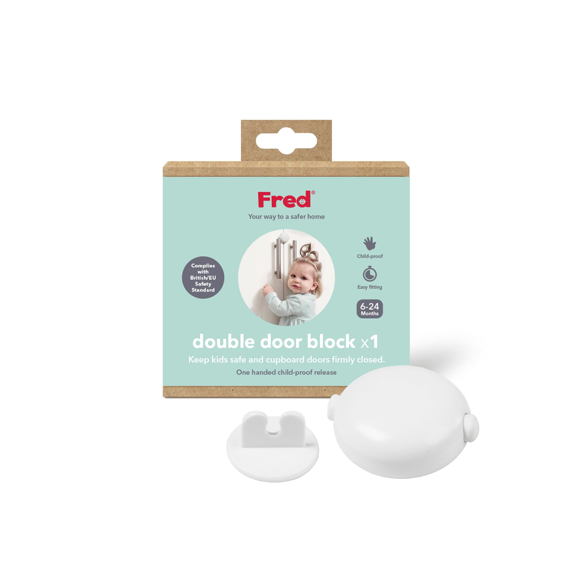 Fred Home Safety Double Door Block | Lock for Cupboard Doors, Drawers and Cabinets | Easy to Install Baby Safety Lock | Pure White