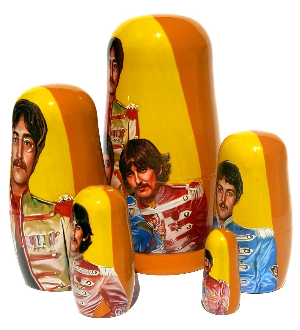 New The Beatles SGT. Pepper's Russian Style Nesting Doll 5 Piece Stacking Matryoshka Portrait Memorabilia Wooden Doll in Doll Set 5.5-6 Inches Tall