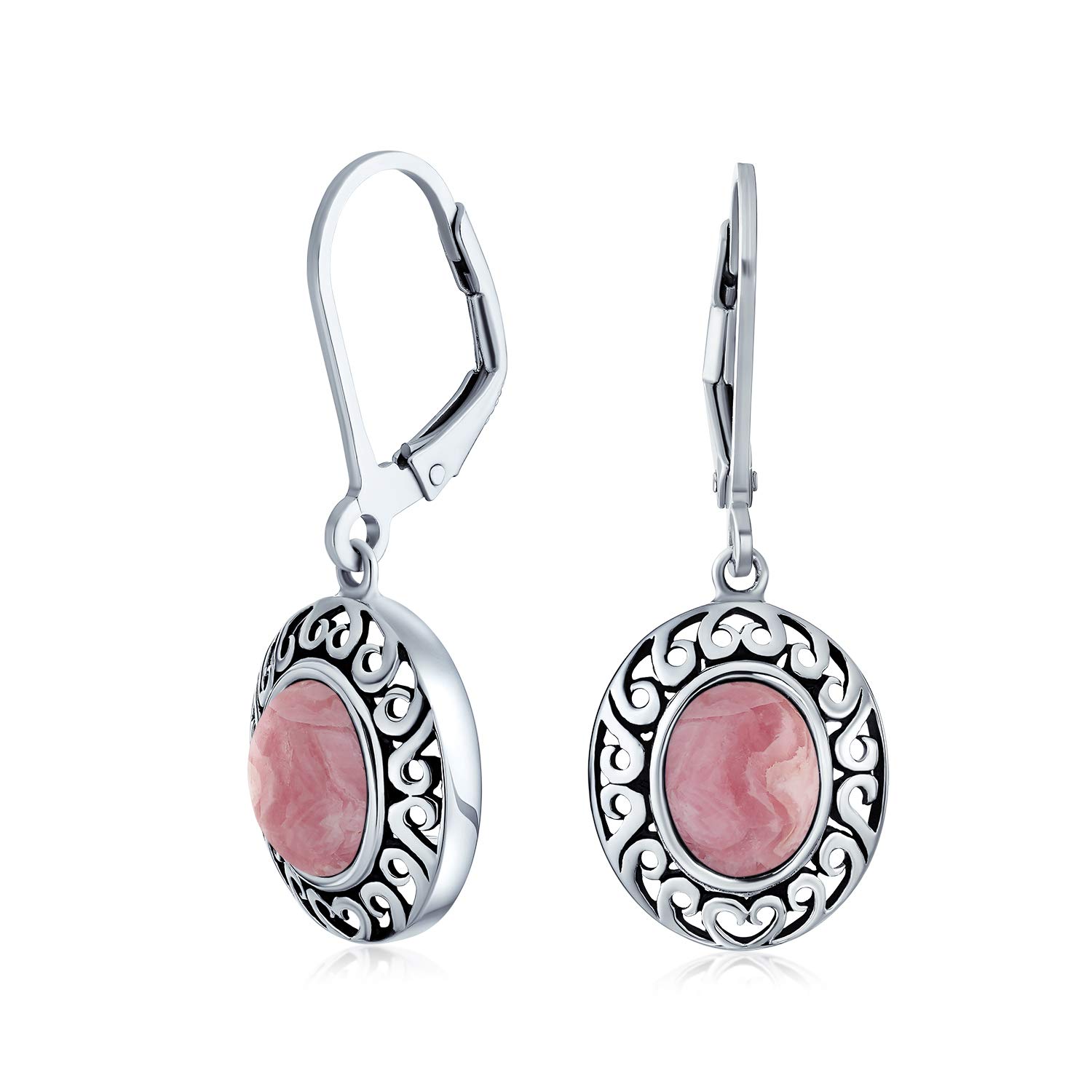 Natural Pink Rhodochrosite Dome Oval Western Style Bezel Set Lever Back Dangle Earrings For Women .925 Sterling Silver