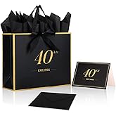 Fukaisu 40th Birthday Gift Bag with Card & Tissue Paper, EST.1986 40 Year Old Keepsake Present Shopping Bags for Women Men Black Gold Anniversary Party Favors Goodie Wrapping Supplies & Decorations