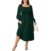 SCOMCHIC Women's Plus Size Maxi Dress Long Sleeve Square Neck Dress Casual Smocked Ruffle Swing Flowy Long Fall Dresses