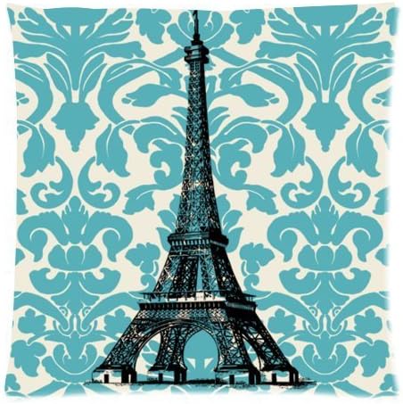 Teal Turquoise Damask Vintage French Floral Swirls With Paris Eiffel Tower Zippered Pillow Case/Cover Pillowcase Decor Cushion Covers Square 18*18 Inch (Twin Sides)