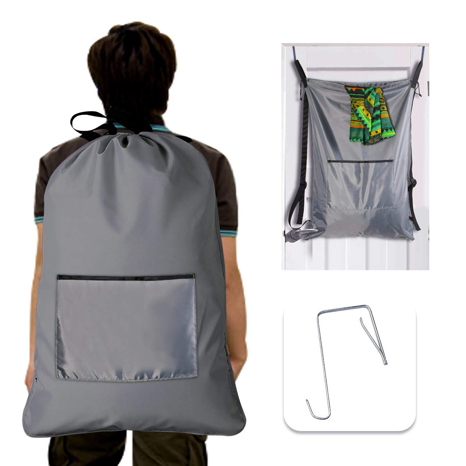 Laundry Hamper Bag, Large Laundry Backpack with Adjustable Shoulder Straps, Drawstring Lockable Door Hanging Bag for College Dorm, Bedroom, Bathroom (1 Laundry Backpack + 1 Laundry Mesh Bag)