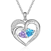 Sterling Silver Personalized 2 Names Necklace with 2 Heart Simulated Birthstone Couple Pendant Necklace for Women