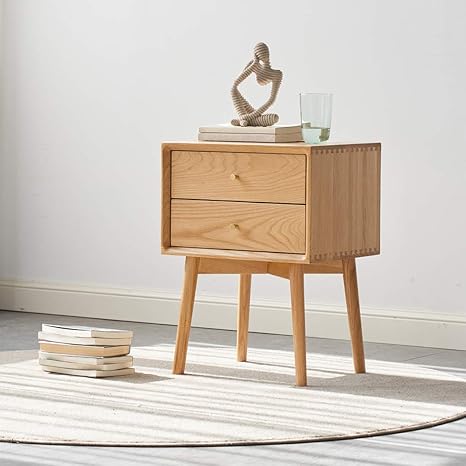 Amazon Co Jp Mu Rong木栄 ベッドサイドテーブル ナイトテーブル ライトスタンド モダンなインテリア キャビネット 天然木 無垢材 完成品 ソファスタンドエンド ランプテーブル 2 引き出し付き 小物収納 ソリッド ホワイトオーク ホーム キッチン
