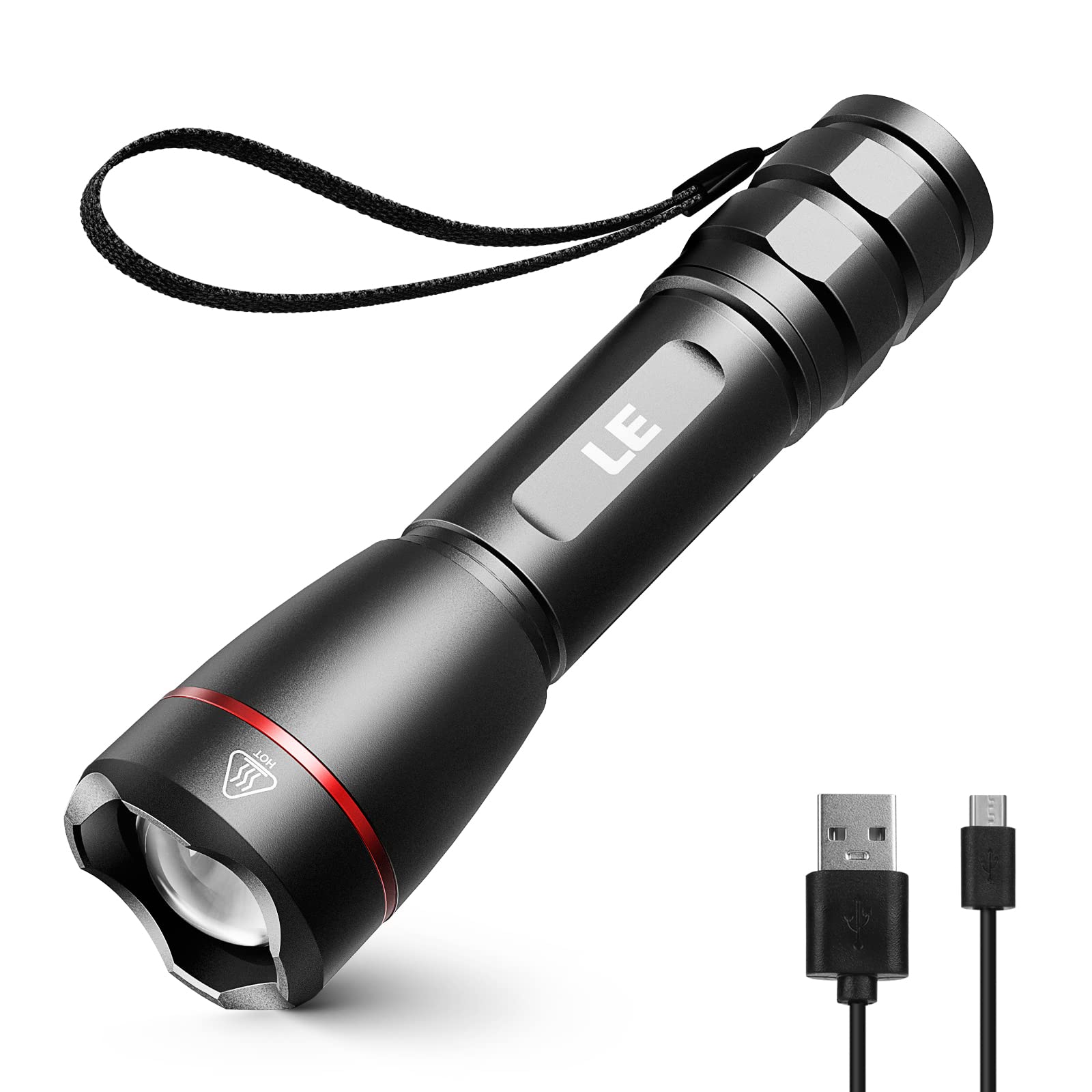 Lepro LED Rechargeable Flashlight, LP3000 High Lumens, Zoomable, Bright Flashlight, Waterproof, 5 Lighting Modes, Small Handheld Flashlight for Camping, Emergencies, USB Cable Included