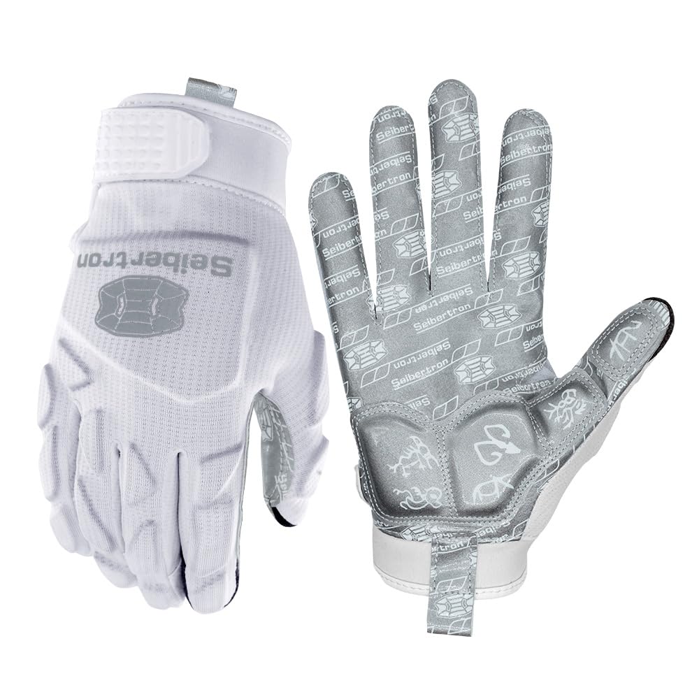 Seibertron H.P.I.L.G Touchscreen Lineman and Football Receiver Gloves, Flexible Breathable Impact Protection Back of Hand Glove Adult White XL