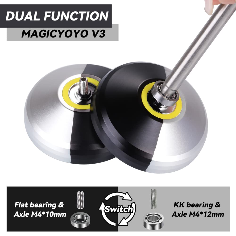 MAGICYOYO V3 Professional Responsive Yoyo, Metal Alloy Yoyo for Beginner Adults, Dual Purpose Yoyo with 12 Yoyo Strings + KK Bearing + Bearing Removal Tool + Axle + Storage Bag (Black-and-Silver)