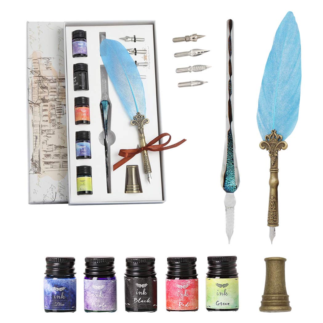 SIPLIV Calligraphy Feather Pen Glass Dip Pen Set With Feather Dip Pen, Glass Pen, 5 Colors Ink, 4 Replacement Nibs, Pen Rest, Metal Pen Holder, Blue