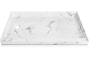 CKB 60" L x 30" W Shower Base, Single Threshold, Left Drain with Slip Resistant Textured Surface, Marble White Acrylic Shower pan