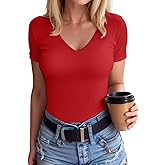 SANDERY T Shirts for Women Short Sleeve V Neck Solid Basic Casual Ribbed Slim Fitted Tops