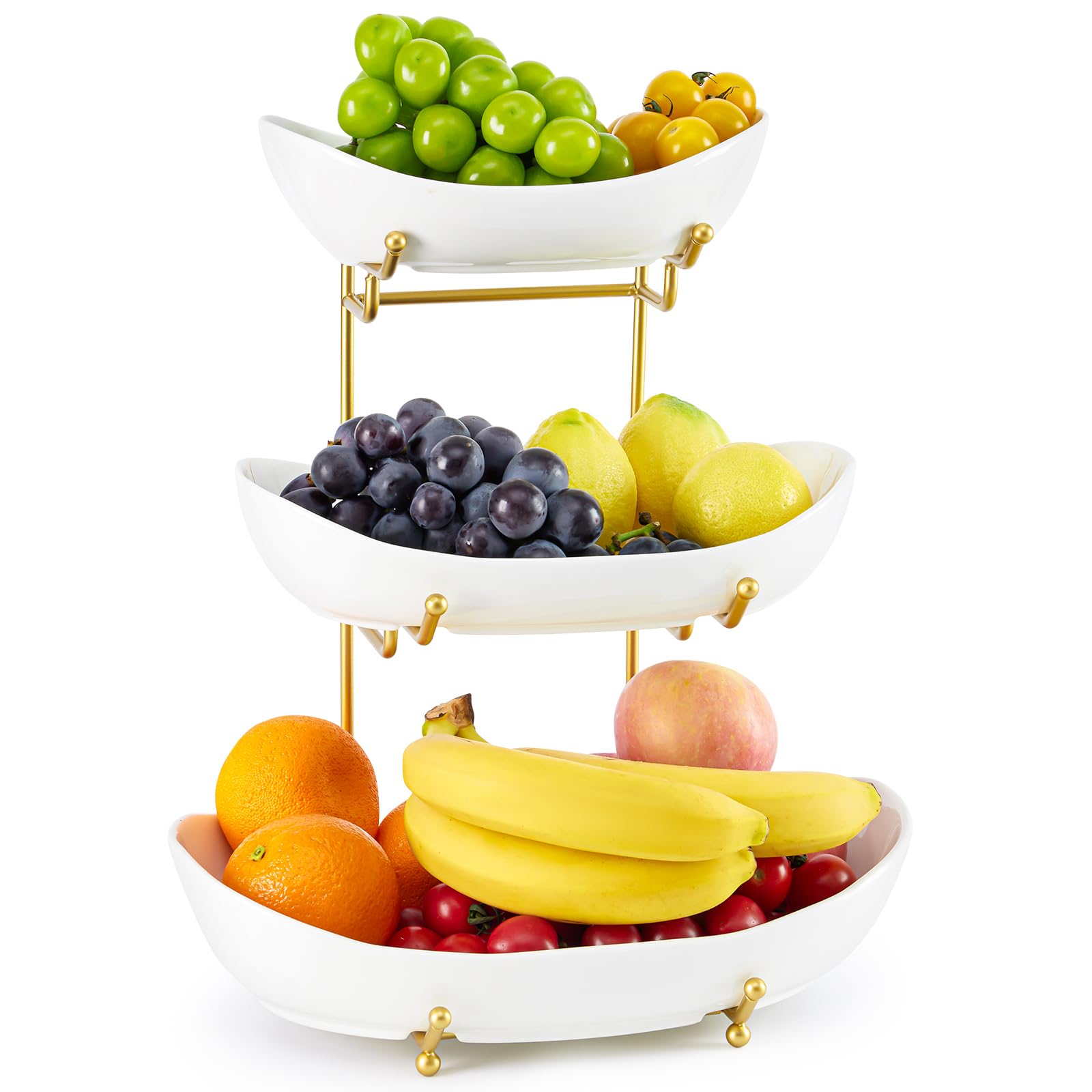 Photo 1 of ***MISSING ONE BOWL****HOMKULA Ceramic Fruit Bowl for Kitchen Counter - 3 Tier Fruit Basket with Metal Stand, Tiered Fruit Stand for Countertop, Snack, Nuts, Cake, Dessert, Cute (Gold, Large)