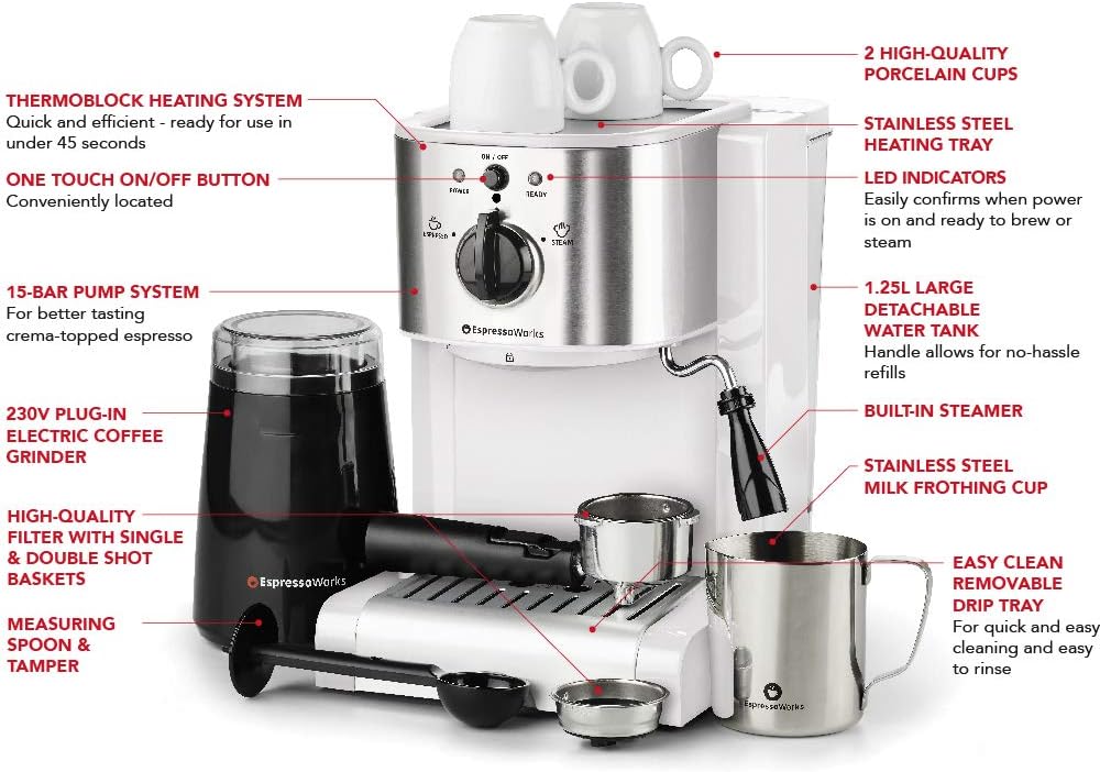EspressoWorks 7 Pc All-in-One Espresso & Cappuccino Maker Machine Barista Bundle Set w/Built-in Steam Wand (Inc: Coffee Bean Grinder - Image 5