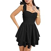 HESUUIO Women's Summer Mini Dress Elegant Backless Hollow Out Eyelets Layered Flowy Swing Short Party Dress Casual Sundress