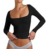 YFANG Women's Sexy Square Neck Long Sleeve Ribbed Kint T Shirts Casual Solid Slim Fitted Going Out Tops