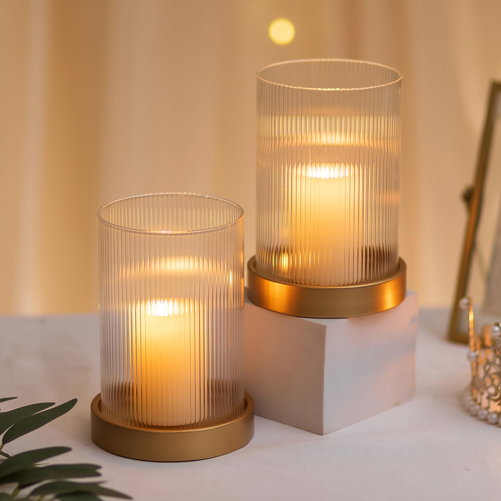 Photo 1 of Hewory Ribbed Hurricane Candle Holder: Gold Votive Candle Holders Set of 2, Glass Hurricane with Metal Candle Plate, Pillar Candle Holder for Table Centerpiece Christmas Wedding Holiday Home Decor