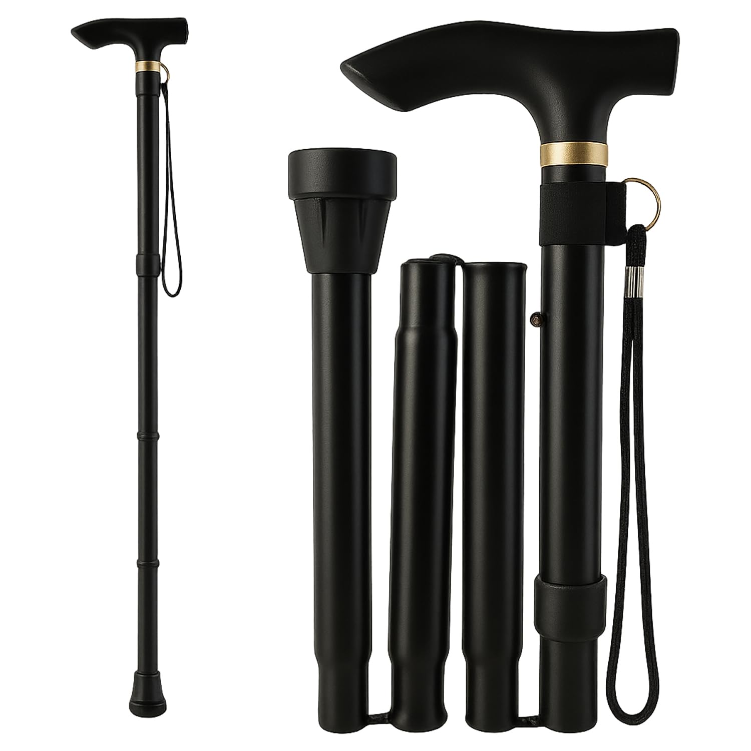 Walking Stick Foldable Walking Sticks for Women Men | Collapsible Folding Walking Stick with Non-Slip Rubber Tip & Wrist Strap | Adjustable Fold Up Walking Cane - Black