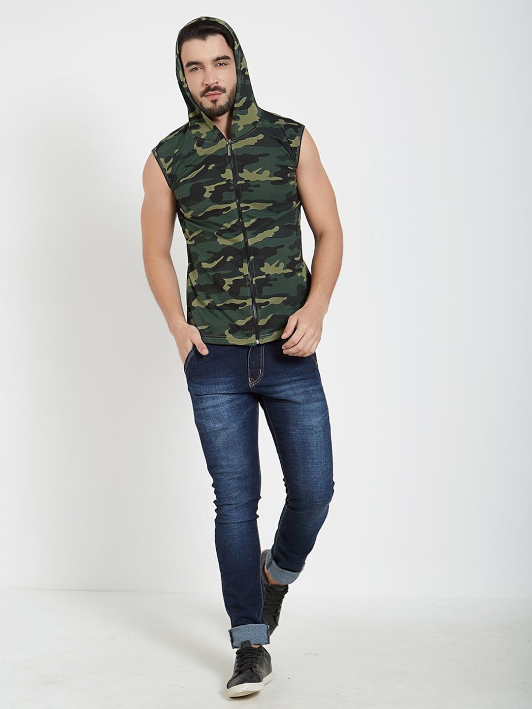 wyo men's camouflage hooded cotton zipper jacket vest sleeveless t-shirt