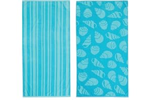 Great Bay Home Towel, Large Beach Cotton Towel Set of 2 - Shell Beach Towels for Adults and Absorbent Velour Pool Towels, Lightweight Quick Dry Beach Towel Pack, Aqua Shell & Stripe