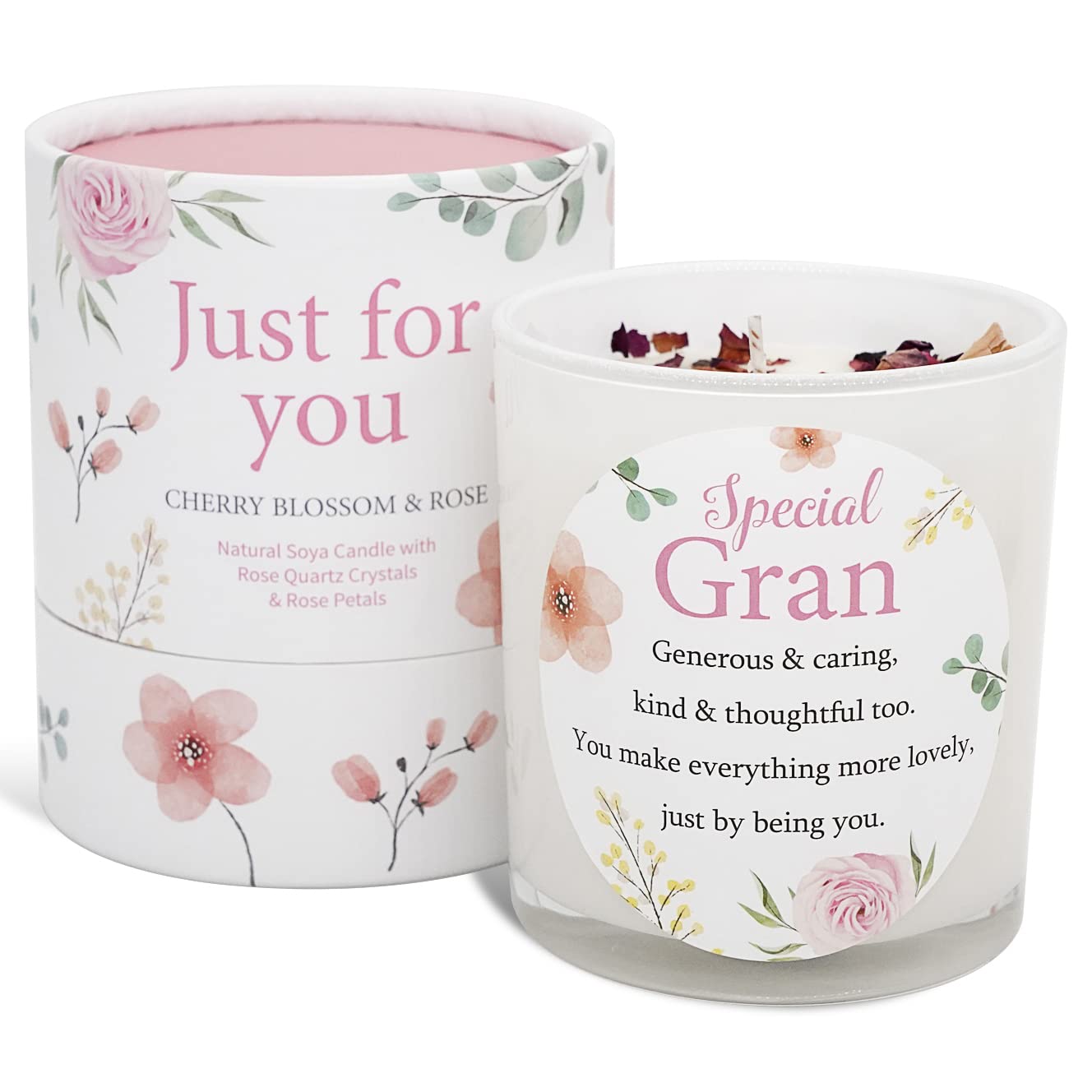 Gran Candle that Makes a Thoughtful Gifts for Gran - Ideal Mother’s Day Christmas Birthday Gifts SOYA Candle with Rose Quartz and Rose Petals