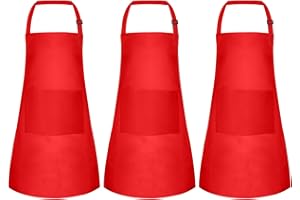 MEEZY 3 Pack Kids Apron with Pockets Adjustable Painting Apron Children Art Apron Toddler Chef Aprons for Kids Painting Cooking Crafts Baking (Red)