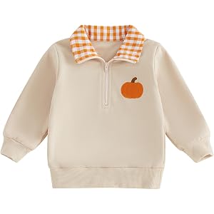 Nibbcoa Toddler Boy Girl Halloween Outfit Pumpkin/Ghost/Tractor Embroidery Sweatshirt Lapel Neck Pullover Top Fall Clothes