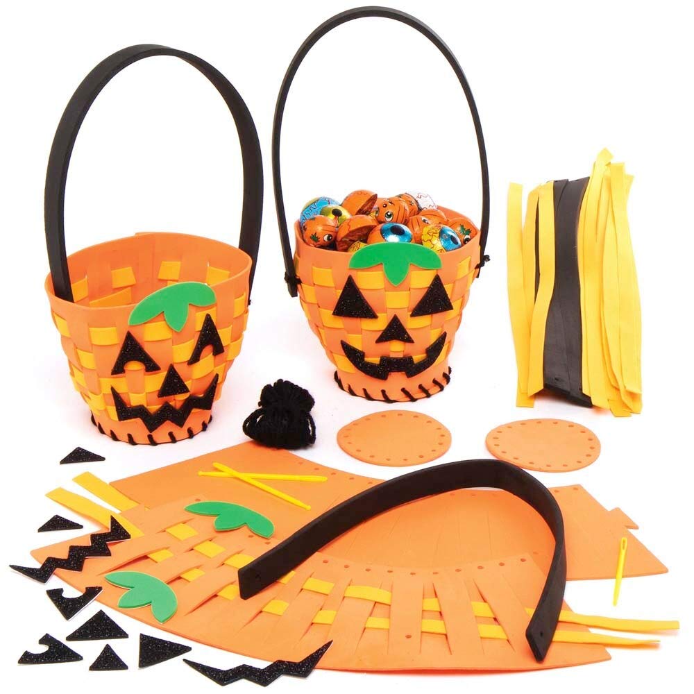 Baker Ross AX253 Pumpkin Weaving Basket Kits - Pack of 4, Make Your Own Halloween Decorations, Creative Art and Craft Supplies for Kids to Design and Decorate