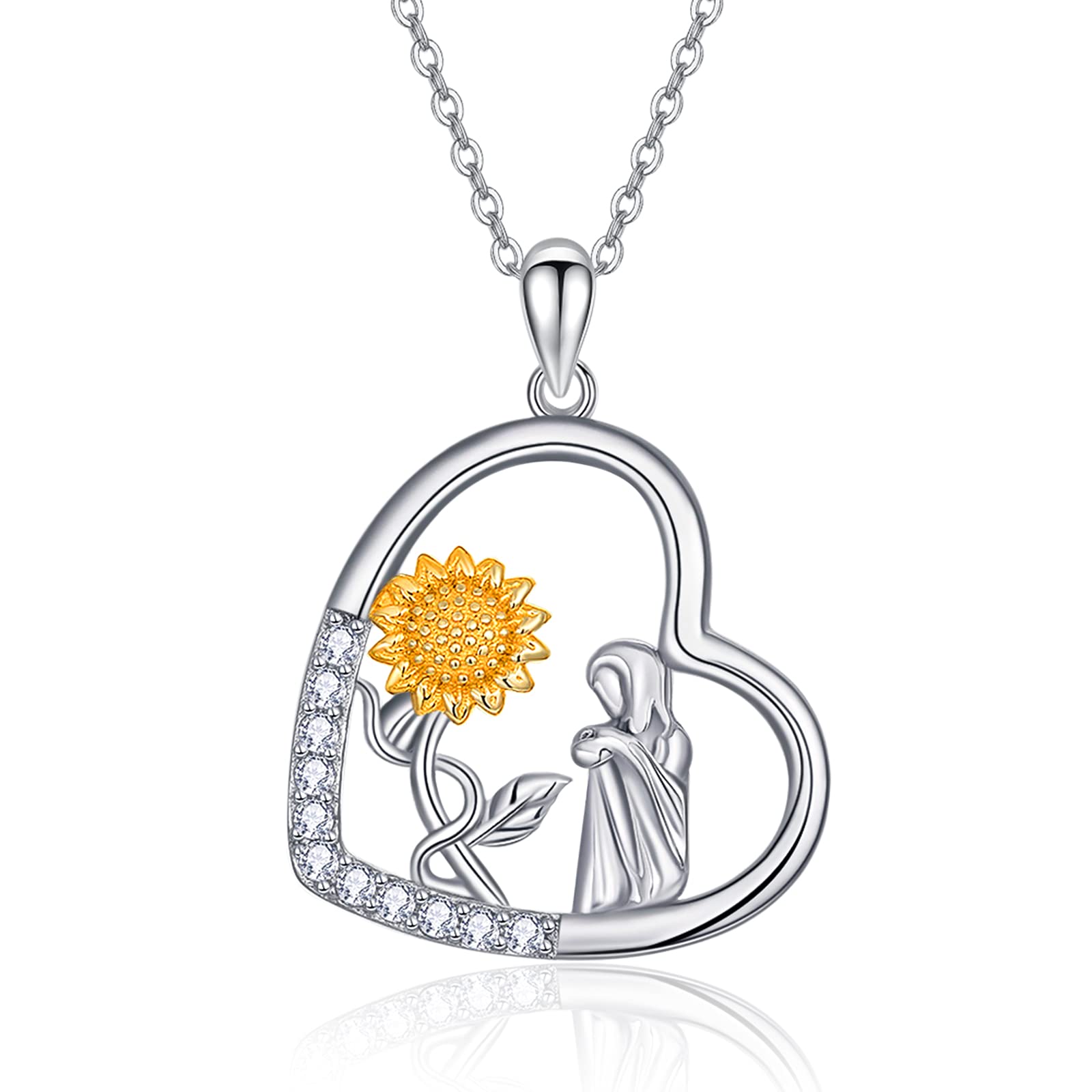 KINGWHYTE Women Sunflower Heart Necklace 927 Sterling Silver Butterfly/Girl Pendant Cubic Zirconia Necklaces for Her