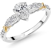 Gem Stone King 925 Silver and 10K Yellow Gold Lab Grown Diamond Engagement Ring For Women | 1.24 Cttw | Pear Shape 7X5MM | Gemstone April Birthstone