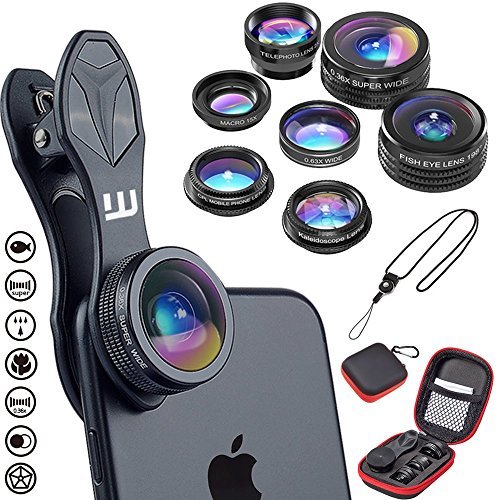 Clip-on Lens kit 7 in 1, Whyzyv smartphone & iPhone camera lens kit Super Wide Lens, Fisheye, Macro, Kaleidoscope, CPL, Zoom, Wide Angle. Cell phone camera lens for iPhone, Samsung, MacBook