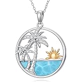 BETHZA Genuine Larimar Palm Tree Necklace for Women Sterling Silver Ocean Wave Pendant Natural Gemstone Sea Beach Ocean Jewelry Gifts for Women