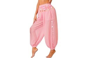YOOJOO Women's Belly Dance Costume Coin Lantern Pants Side Split Sequin Shiny Harem Pants Arabic Halloween Trousers