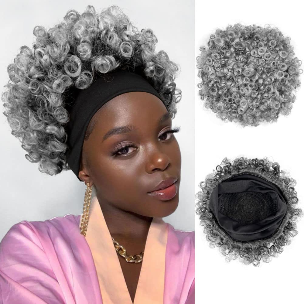 Afro Wigs for Black Women Glueless,Short Kinky Curly Wig with headbands attached Synthetic with 2 Clips(Tgray)