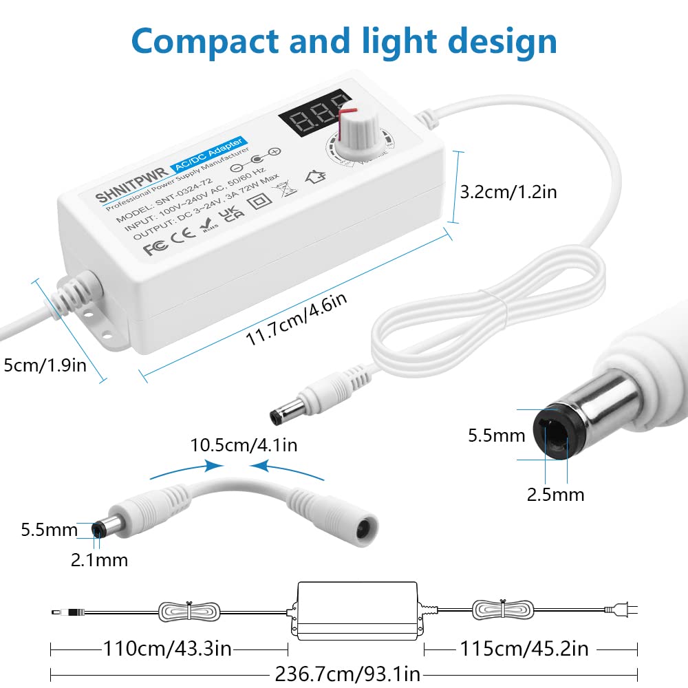 SHNITPWR AC Adapter 3V ~ 24V 3A 72W Universal Power Supply 100V-240V AC to DC 3V 5V 6V 9V 12V 15V 16V 18V 19V 20V 24V Adjustable Power Adapter with 14 Tips 5.5x2.5mm 4.0x1.7mm 3.5x1.35mm, White