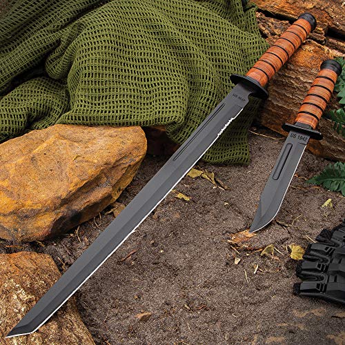 K EXCLUSIVE US 1942 Combat Fighting Knife and Sword Set - Stainless Steel Blades, Non-Reflective Finish, Stacked Leather Handles, Sheaths
