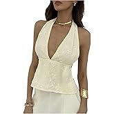 MakeMeChic Women's Y2K Halter Embroidery Tank Top Party Tie Backless Deep V Neck Cami Top