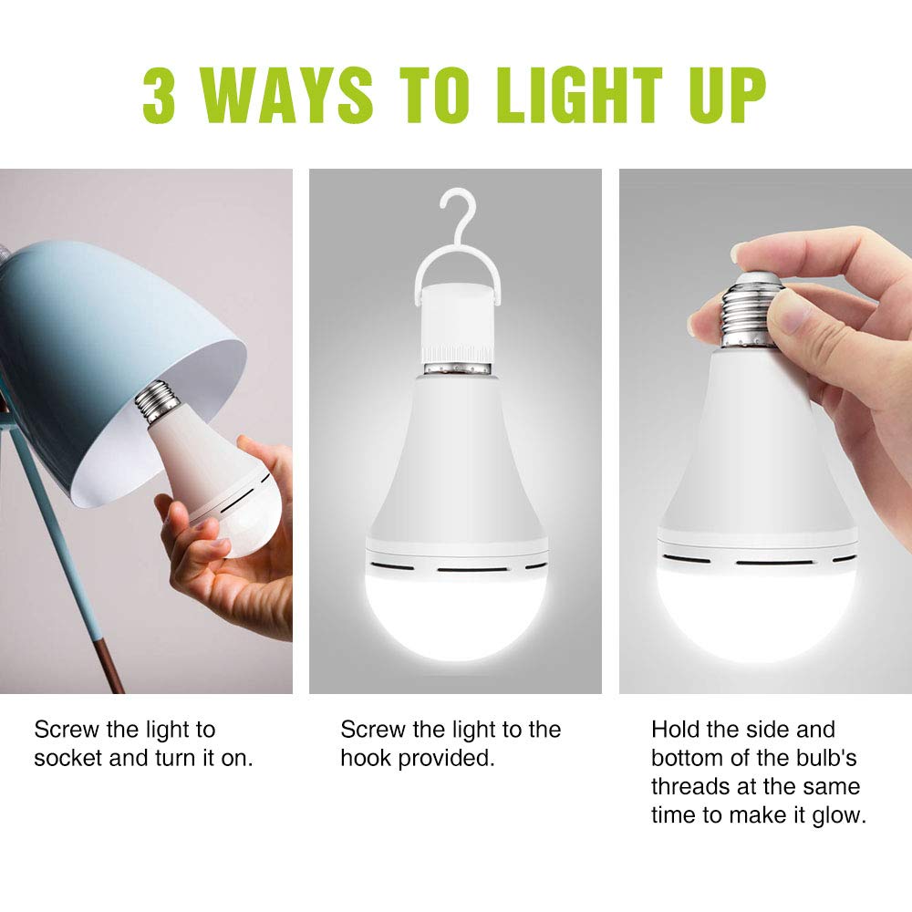 4 Pack Emergency-Rechargeable-Light-Bulb, Stay Lights Up When Power Failure, 1200mAh 15W 80W Equivalent 6000K Battery Operated Light Bulb for Home, Camping, Tent (E27, with Hook)