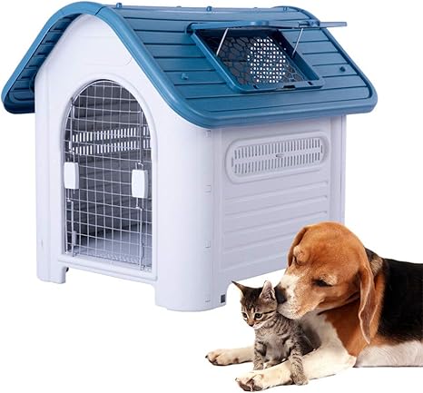 Amazon Co Jp 犬の犬小屋 プラスチックの犬猫の犬小屋の家 ペットシェルター 取り外し可能で洗える4シーズンのユニバーサル犬小屋 大きな屋外の防雨プラスチック犬のケージ 複数の色 ブルー ホーム キッチン