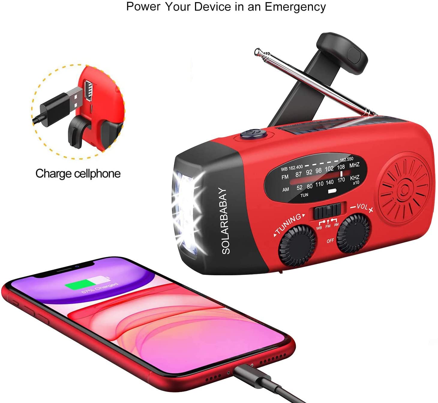 Notfall-Solarradio,Solarbaby Selbstbetriebenes Kurbelradio mit LED-Taschenlampe, SOS-Alarm,AM/FM Wetter Wind Up Radio mit 2000mAh Akku für Notladung von Smartphone,(Rod) 7