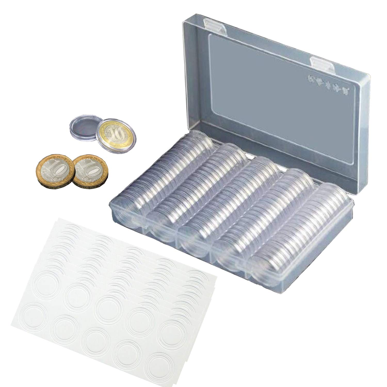 100PCS Plastic Coin Holder Round Coin Container Case Storage and Foam Gaskets 4 Sizes (20/25/27