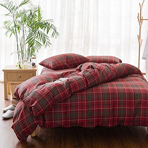Karever Duvet Cover Set 100% Combed Cotton Soft Luxury Red Grid Full Size Bedding Set in King Size with Zipper Closure, Corner Ties