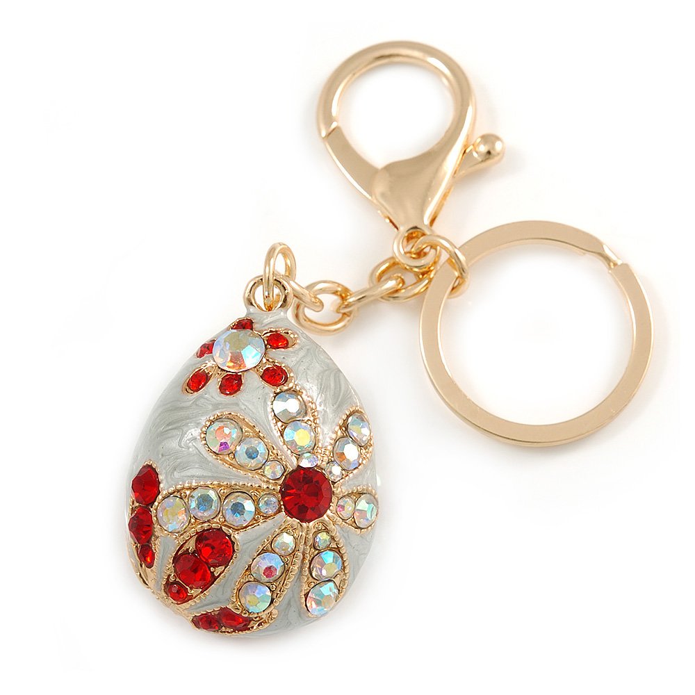 Avalaya Ab/Red Crystal Off White Enamel Happy Easter Egg Keyring/Bag Charm In Gold Tone Metal - 8cm L