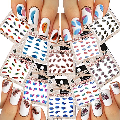 Water Tattoo Nail Art Stickers Feather Mania /III/, Pack of 10  Beautiful Feathers for Bright Manicure