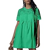 VAOYIU Women Crochet Lace Mini Dress Round Neck Short Sleeve Sheer Mesh Clothing Casual Outfits with Lace Back Design